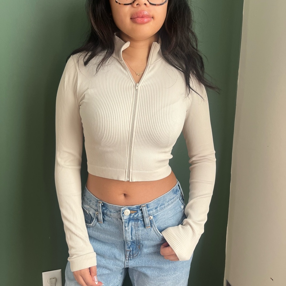 Cream Ribbed High Neck Zip-Up Crop Top